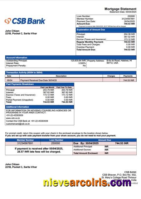 Realistic India CSB Bank Mortgage Statement Word And PDF Template