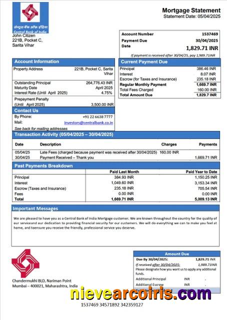 Professional India Central Bank Of India Mortgage Statement Word And PDF Template