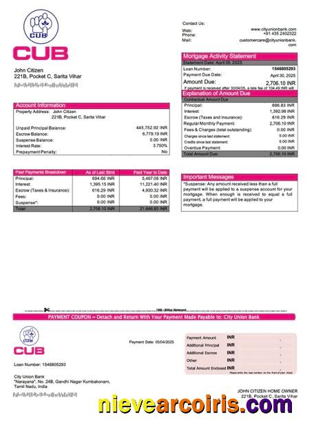 Premium India City Union Bank Mortgage Statement Word And PDF Template