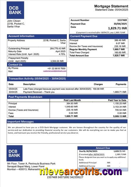Premium India DCB Bank Mortgage Statement Word And PDF Template