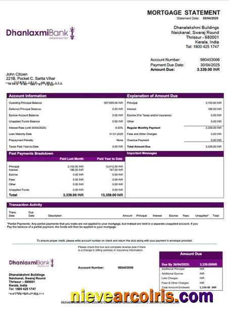 Professional India Dhanlaxmi Bank Mortgage Statement Word And PDF Template
