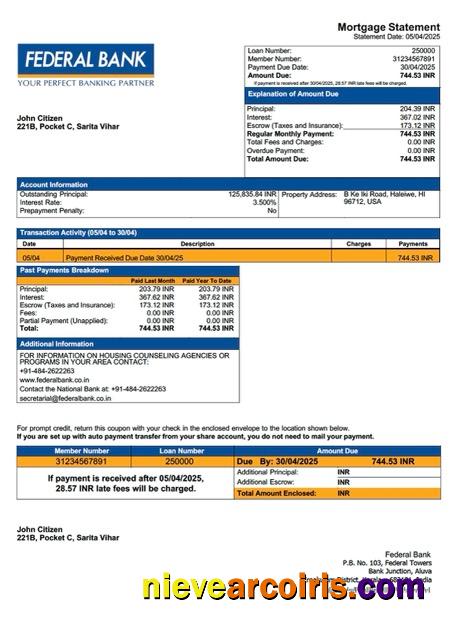 Premium India Federal Bank Mortgage Statement Word And PDF Template
