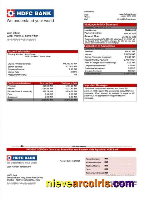 Editable India HDFC Bank Mortgage Statement Word And PDF Template