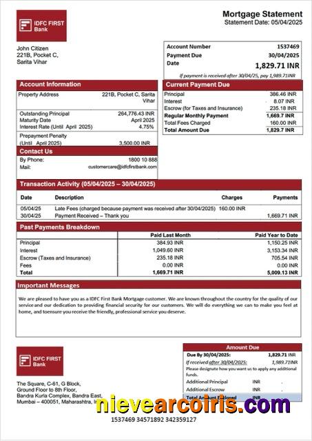 Editable India IDFC First Bank Mortgage Statement Word And PDF Template