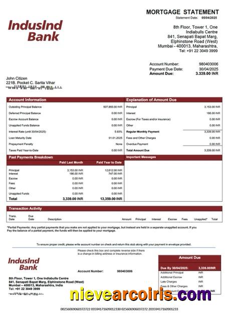 Premium India IndusInd Bank Mortgage Statement Word And PDF Template
