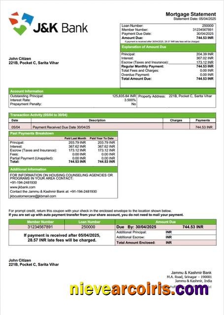 Realistic India Jammu & Kashmir Bank Mortgage Statement Word And PDF Template