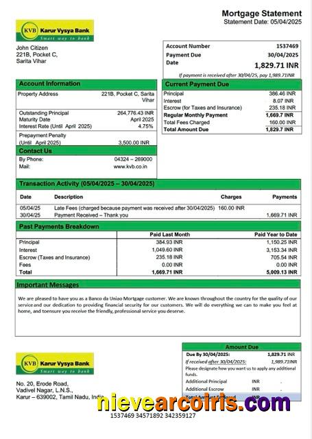 Editable India Karur Vysya Bank Mortgage Statement Word And PDF Template