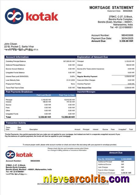 Premium India Kotak Mahindra Bank Mortgage Statement Word And PDF Template