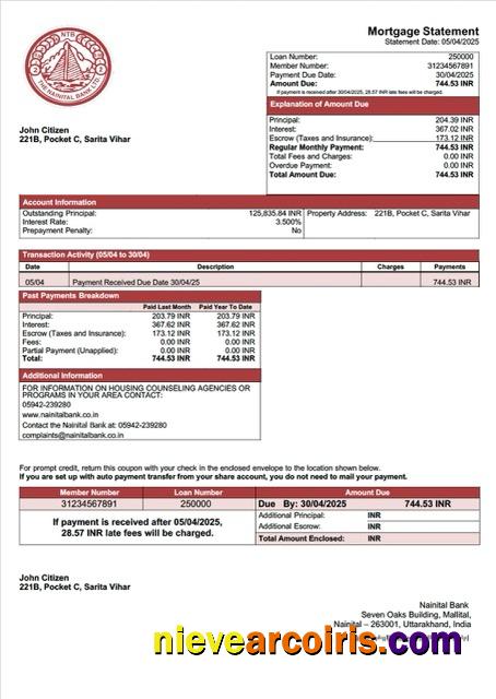 Realistic India Nainital Bank Mortgage Statement Word And PDF Template