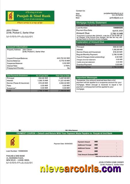 Professional India Punjab & Sind Bank Mortgage Statement Word And PDF Template
