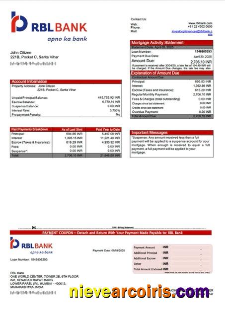 Professional India RBL Bank Mortgage Statement Word And PDF Template
