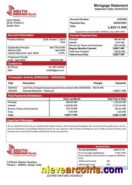 Premium India South Indian Bank Mortgage Statement Word And PDF Template