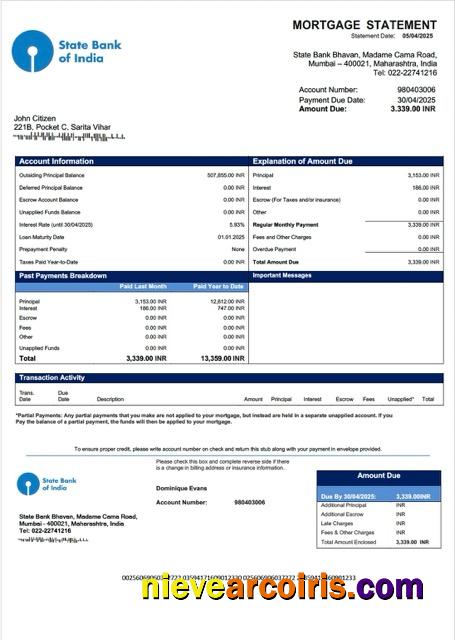 Premium India State Bank Of India Mortgage Statement Word And PDF Template