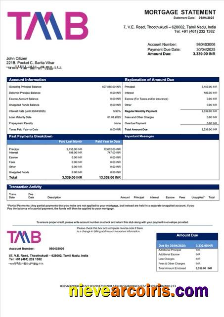 Premium India Tamilnad Mercantile Bank Mortgage Statement Word And PDF Template