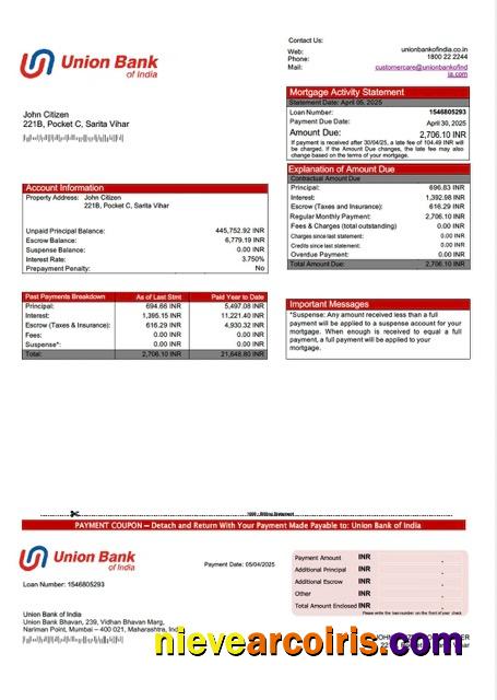 Professional India Union Bank Of India Mortgage Statement Word And PDF Template