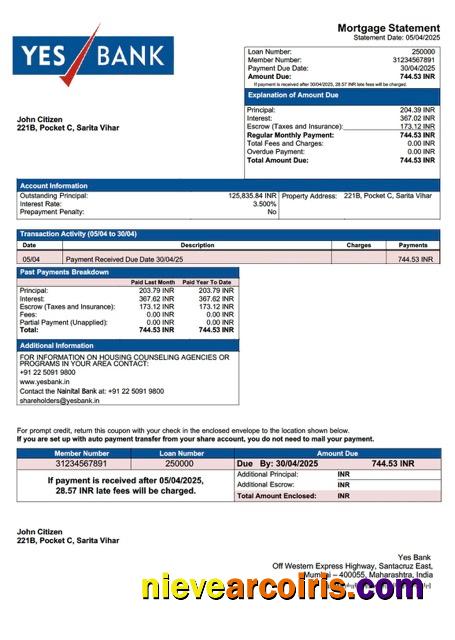 Professional India Yes Bank Mortgage Statement Word And PDF Template