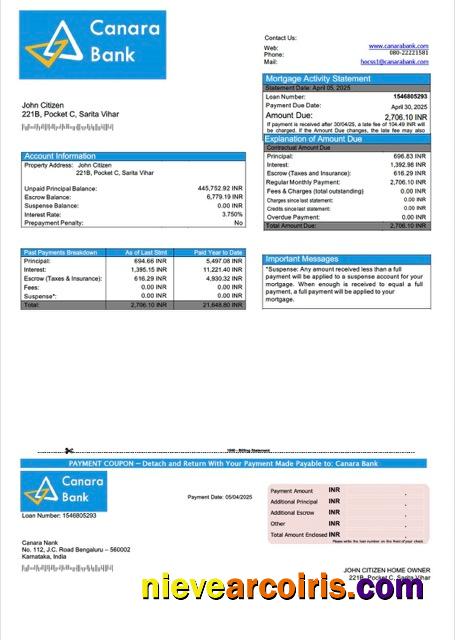 Realistic India Canara Bank Mortgage Statement Word And PDF Template