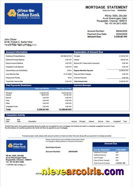 Realistic Indian Bank Mortgage Statement Word And PDF Template