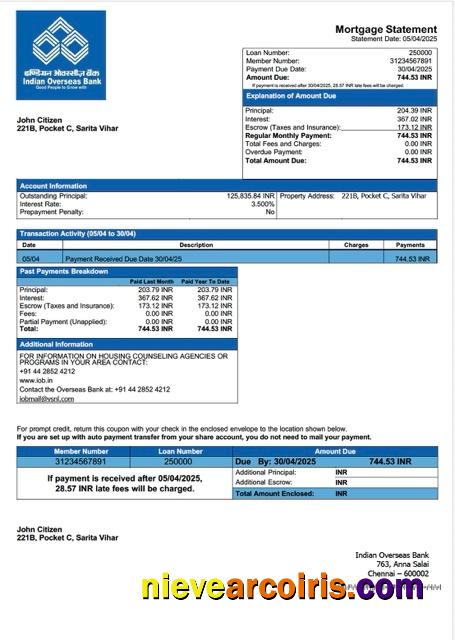Realistic Indian Overseas Bank Mortgage Statement Word And PDF Template