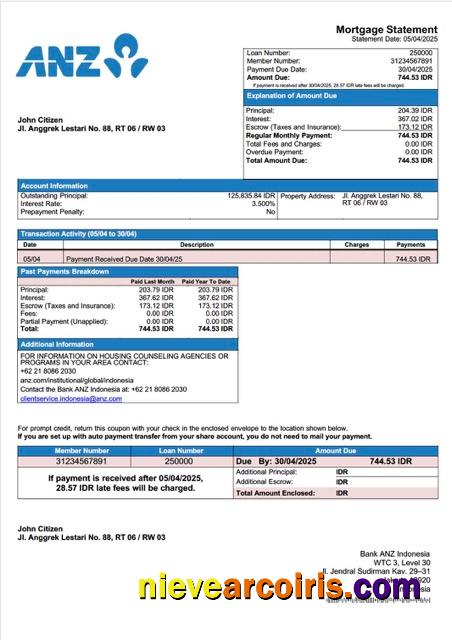 Professional Indonesia Bank ANZ Indonesia Mortgage Statement Word And PDF Template