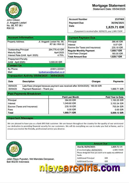 Editable Indonesia Bank BPD Bali Mortgage Statement Word And PDF Template