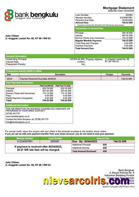 Professional Indonesia Bank Bengkulu Mortgage Statement Word And PDF Template