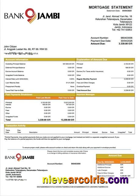 Realistic Indonesia Bank Jambi Mortgage Statement Word And PDF Template