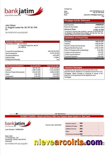 Realistic Indonesia Bank Jatim Mortgage Statement Word And PDF Template