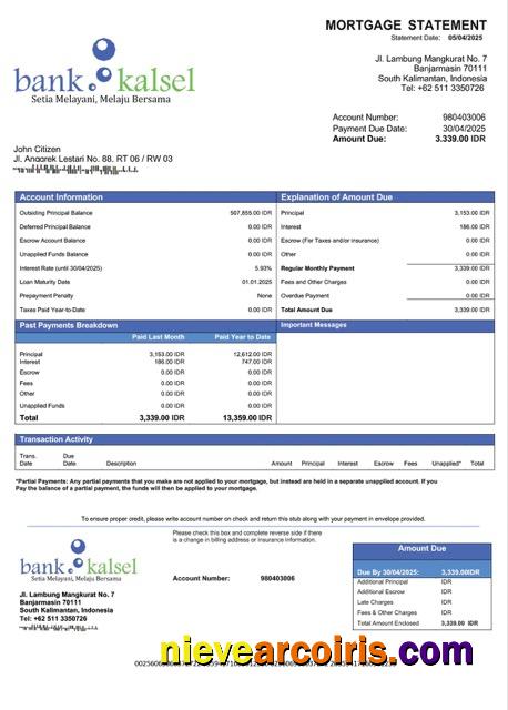 Realistic Indonesia Bank Kalsel Mortgage Statement Word And PDF Template