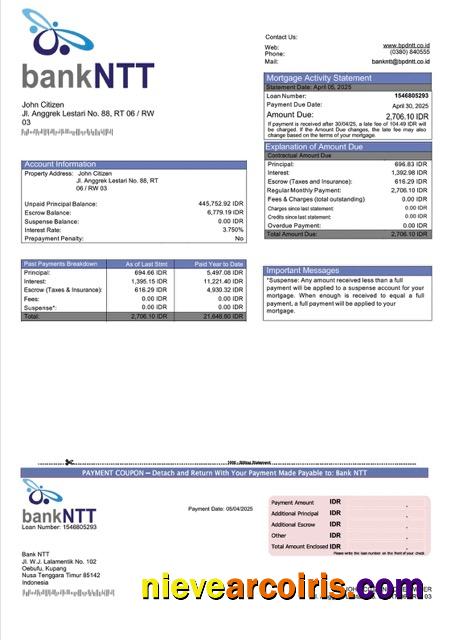 Professional Indonesia Bank NTT Mortgage Statement Word And PDF Template