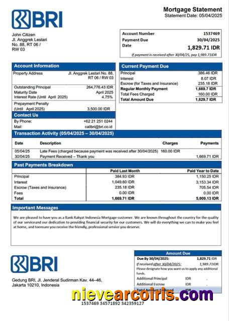 Premium Indonesia Bank Rakyat Indonesia (BRI) Mortgage Statement Word And PDF Template