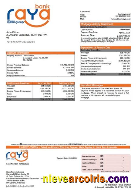 Realistic Indonesia Bank Raya Indonesia Mortgage Statement Word And PDF Template