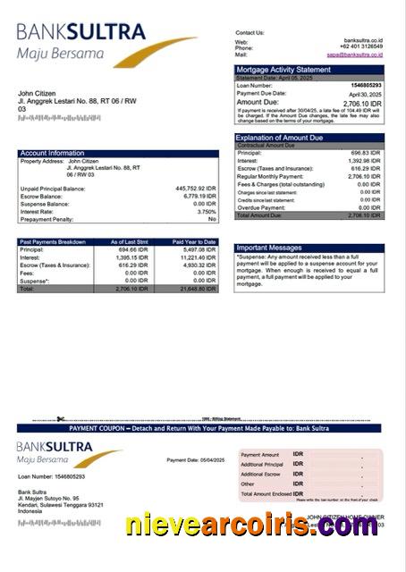 Realistic Indonesia Bank Sultra Mortgage Statement Word And PDF Template