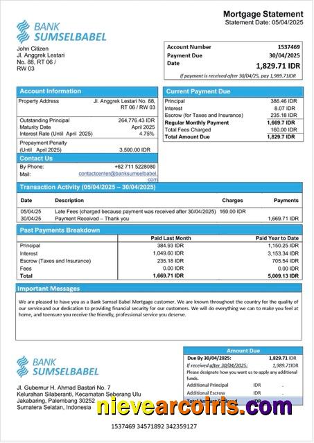 Premium Indonesia Bank Sumsel Babel Mortgage Statement Word And PDF Template