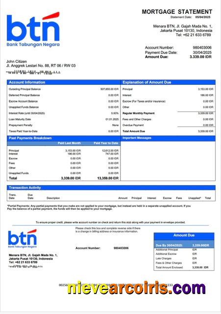 Realistic Indonesia Bank Tabungan Negara (BTN) Mortgage Statement Word And PDF Template