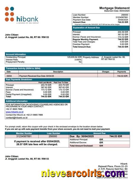 Editable Indonesia Hibank Mortgage Statement Word And PDF Template