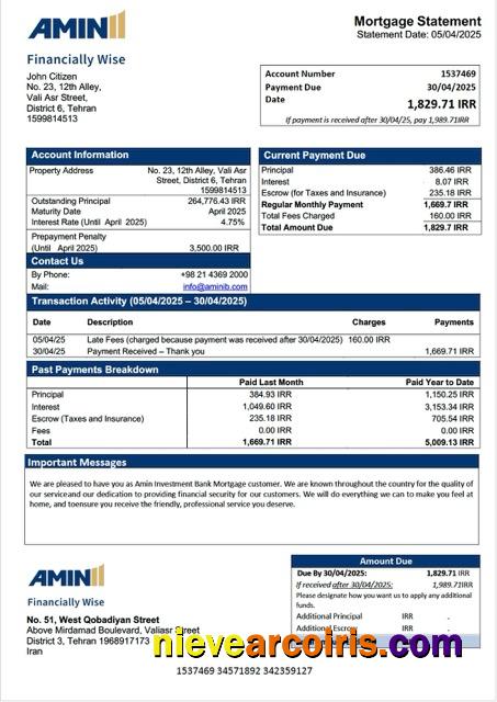 Realistic Iran Amin Investment Bank Mortgage Statement Word And PDF Template