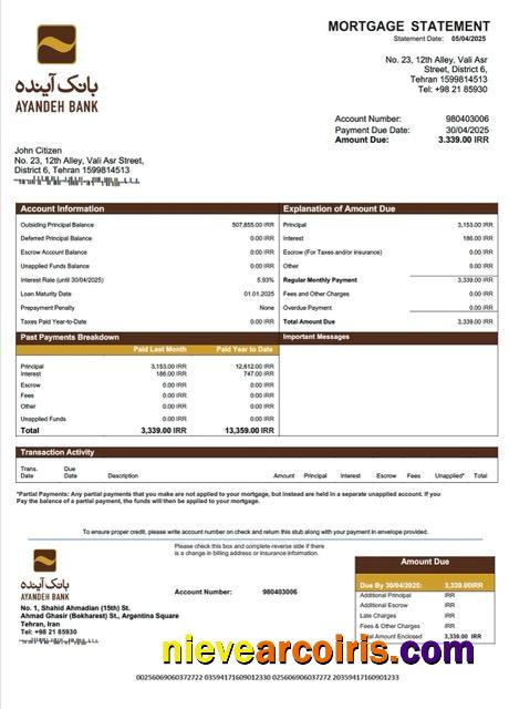 Realistic Iran Ayandeh Bank Mortgage Statement Word And PDF Template