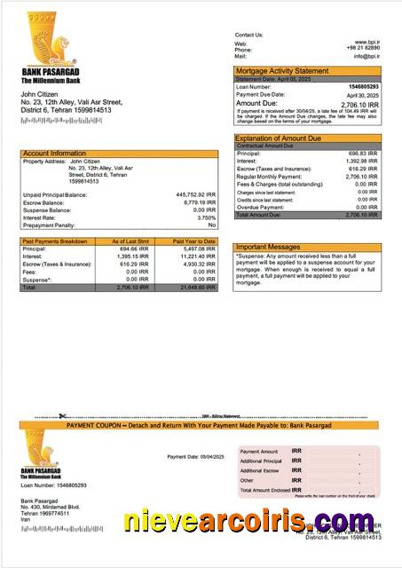 Editable Iran Bank Pasargad Mortgage Statement Word And PDF Template