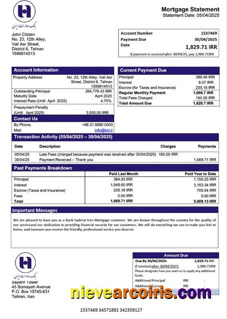 Professional Iran Bank Saderat Iran Mortgage Statement Word And PDF Template
