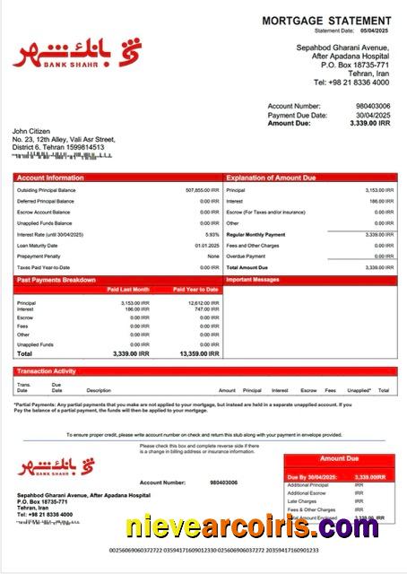 Professional Iran Bank Shahr Mortgage Statement Word And PDF Template
