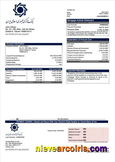 Professional Iran Central Bank Of Iran Mortgage Statement Word And PDF Template
