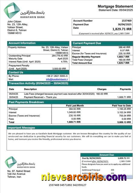 Premium Iran Karafarin Bank Mortgage Statement Word And PDF Template