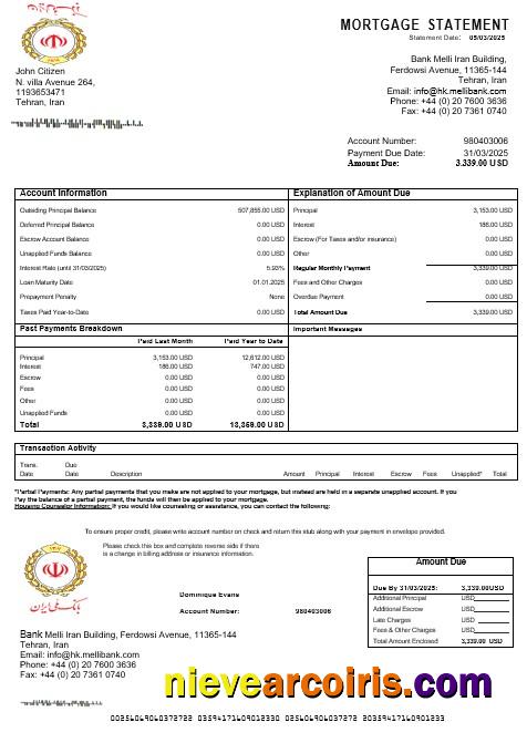 Iran Melli Bank Mortgage Statement In Word And PDF Formats Sample