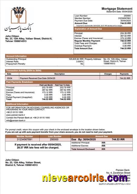 Editable Iran Parsian Bank Mortgage Statement Word And PDF Template