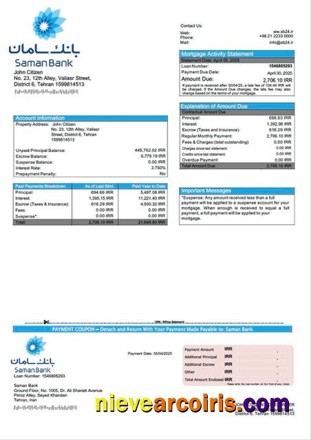 Realistic Iran Saman Bank Mortgage Statement Word And PDF Template