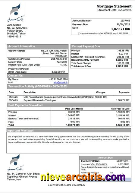 Editable Iran Sarmayeh Bank Mortgage Statement Word And PDF Template