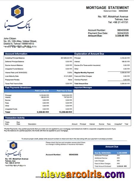 Editable Iran Sina Bank Mortgage Statement Word And PDF Template