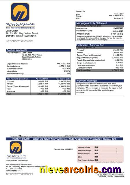 Editable Iran Venezuela Bi National Bank Mortgage Statement Word And PDF Template