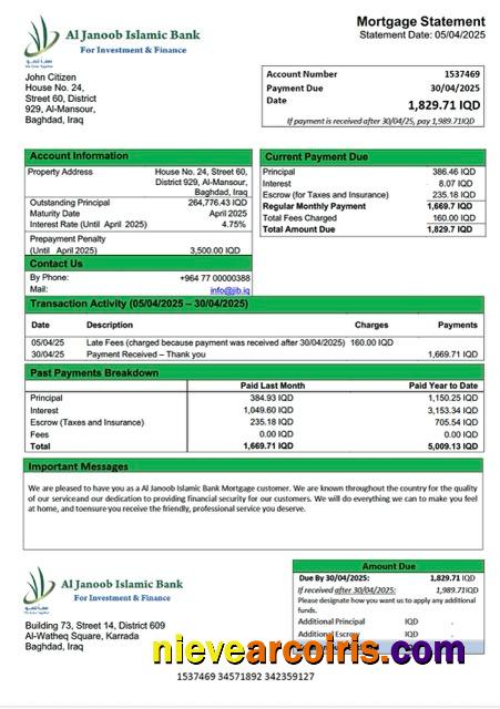 Editable Iraq Al Janoob Islamic Bank Mortgage Statement Word And PDF Template